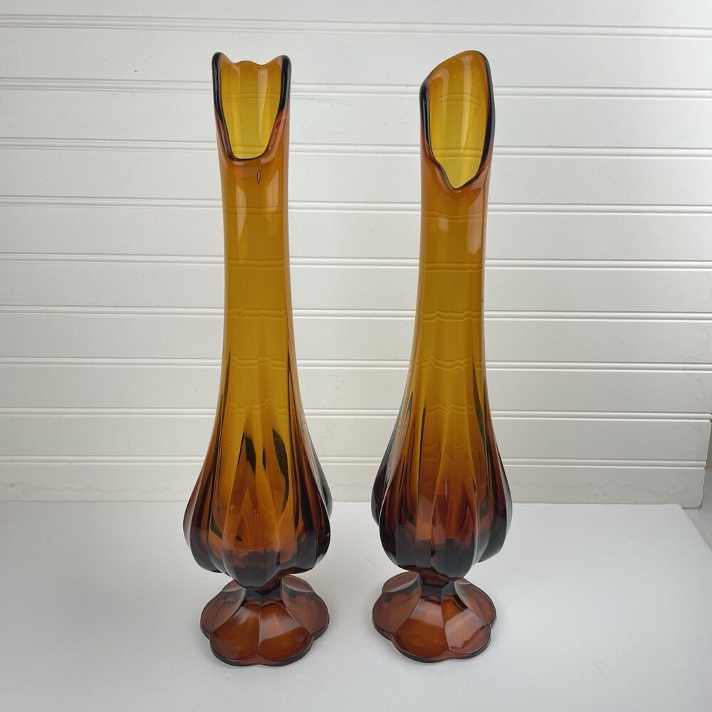 VTG MCM LE Smith Rootbeer Brown Swung Glass Vase 6 Petal Pedestal 17" Pair of 2